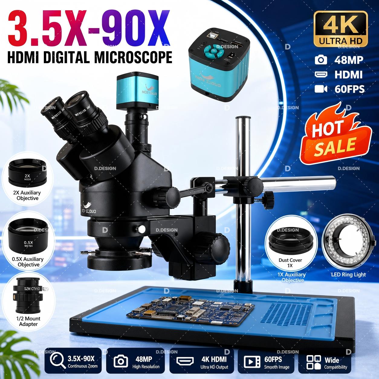 Simul-Focal Industrial Microscope 4K Hdmi - Mikroskop Trinokuler Stereo Industri 3.5X-100X Simul